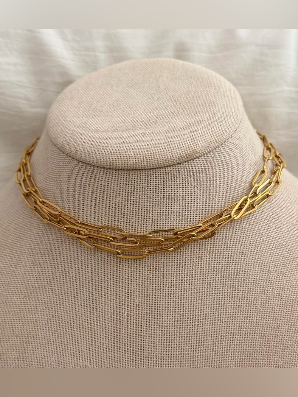 gold stainless steel triple layered paperclip chain choker